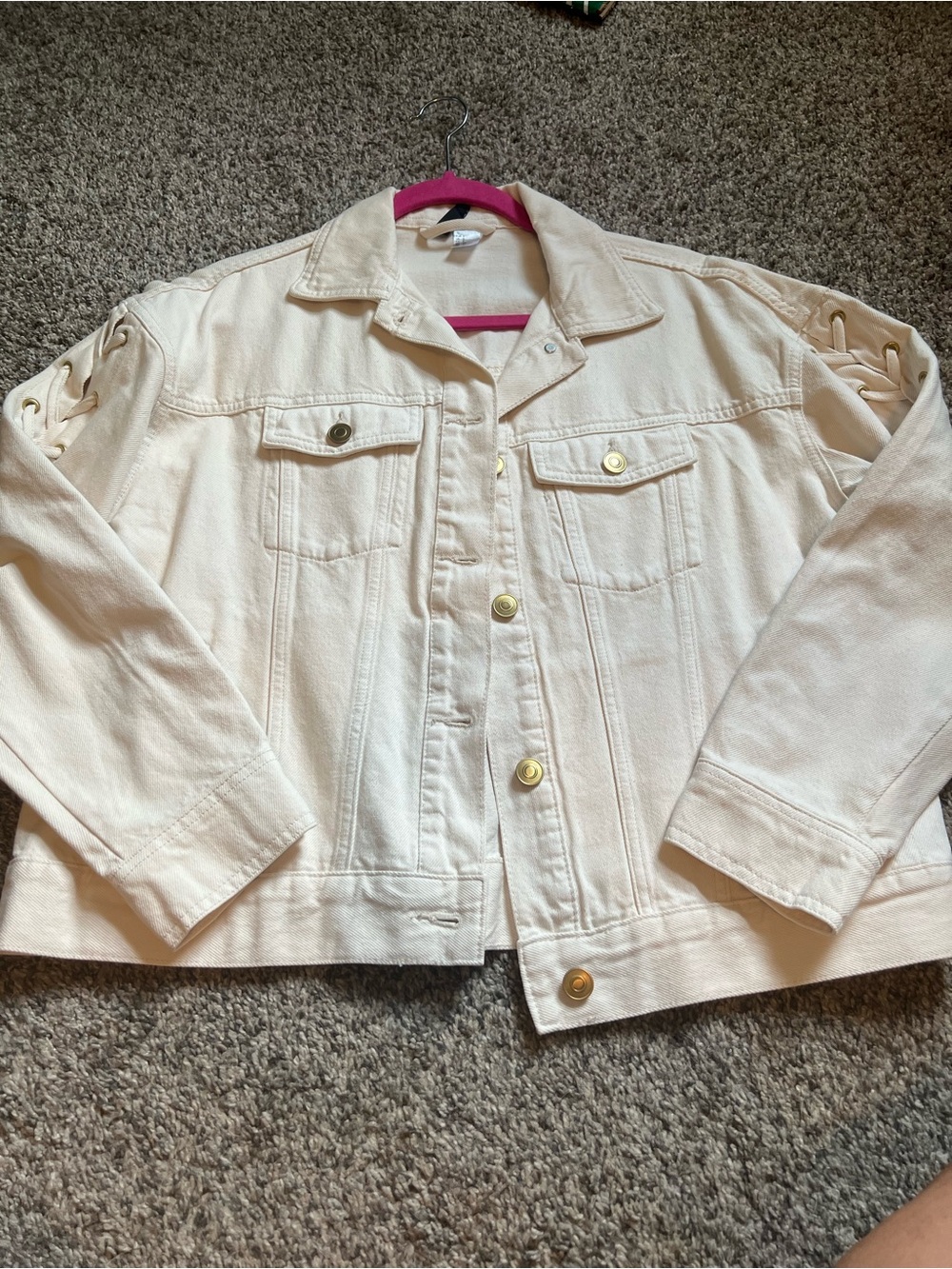 Classic Cream Denim Jacket with Lace-Up Sleeves